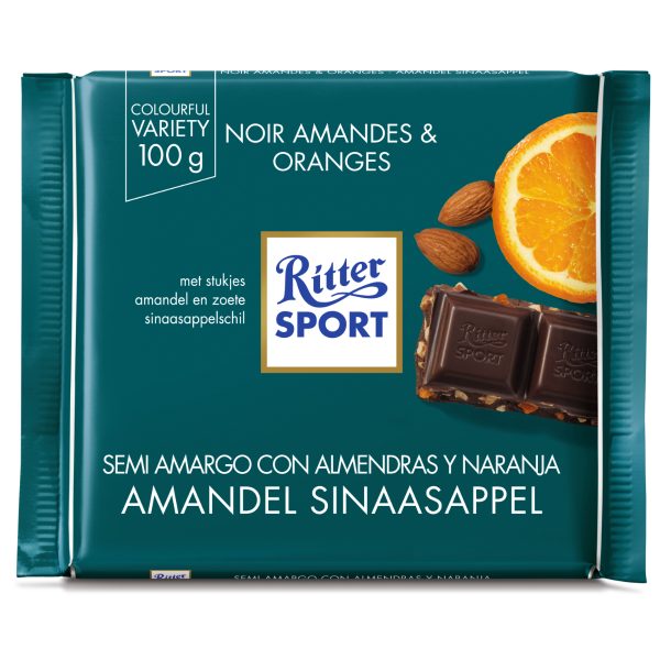 Chocolate semiamargo con almendras y naranja Ritter100gr